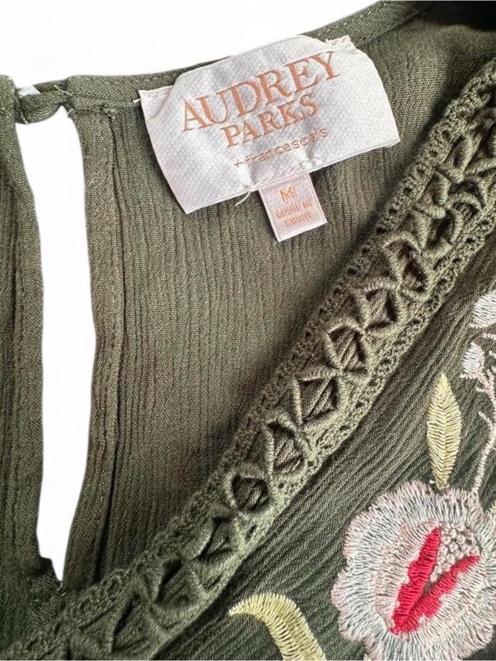 Francesca’s x Audrey Parks Jordina Embroidered Mini Dress Olive Green Sz Medium - Picture 7 of 7